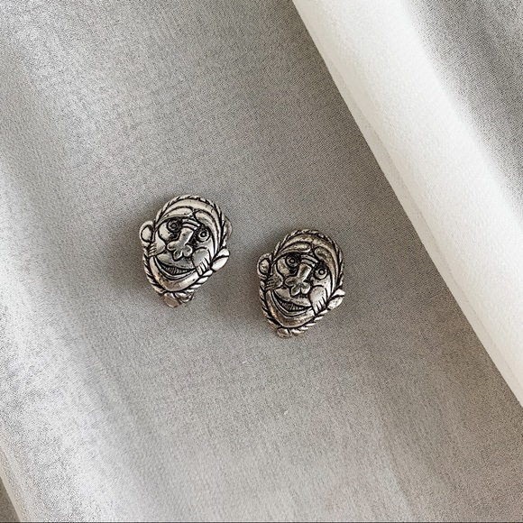 Vintage Jewelry - Vintage Silver Tribal Face Detail Clip Earrings